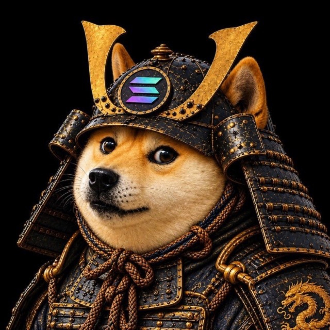 Doge in gold samurai armour with a Solana crest
